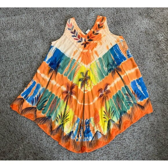 Womens Dress Tie Dye Embroidered Cover Up Tropical Palm Trees Beach FREE SIZE - Picture 2 of 16